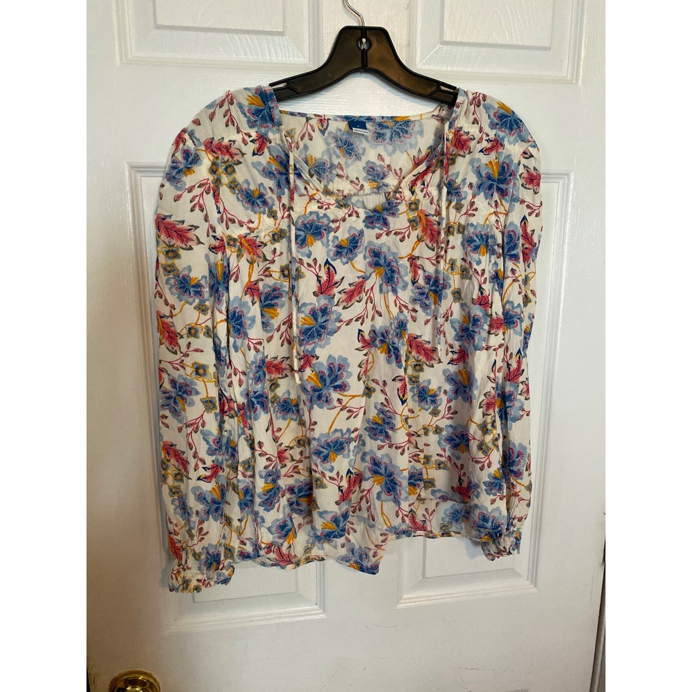 Old Navy Womens Floral Peasant Blouse Blue Pink White Long Sleeve Tie Neck Small